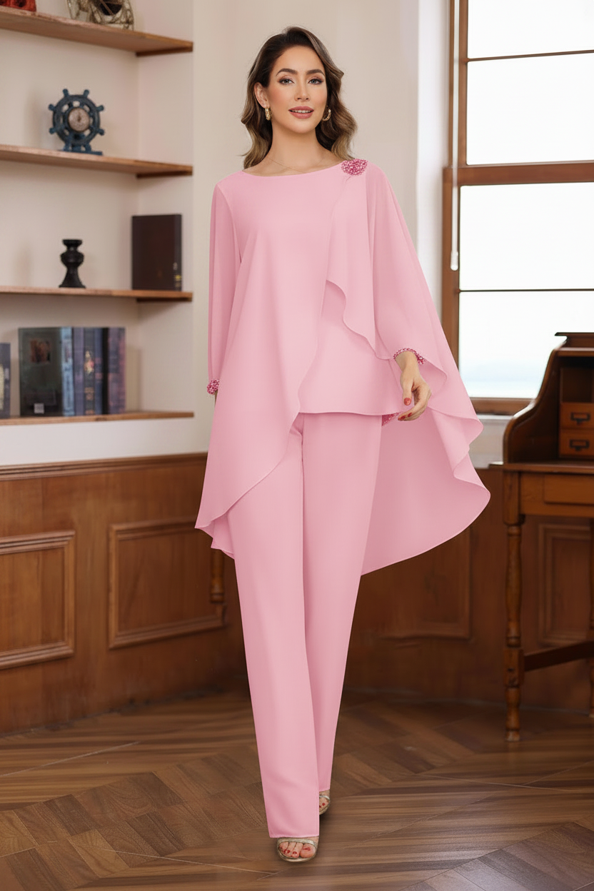 2 Pieces Chiffon Round Neck Floor-Length Mother of the Bride Pantsuits with Ruffles & Sequins & Beading