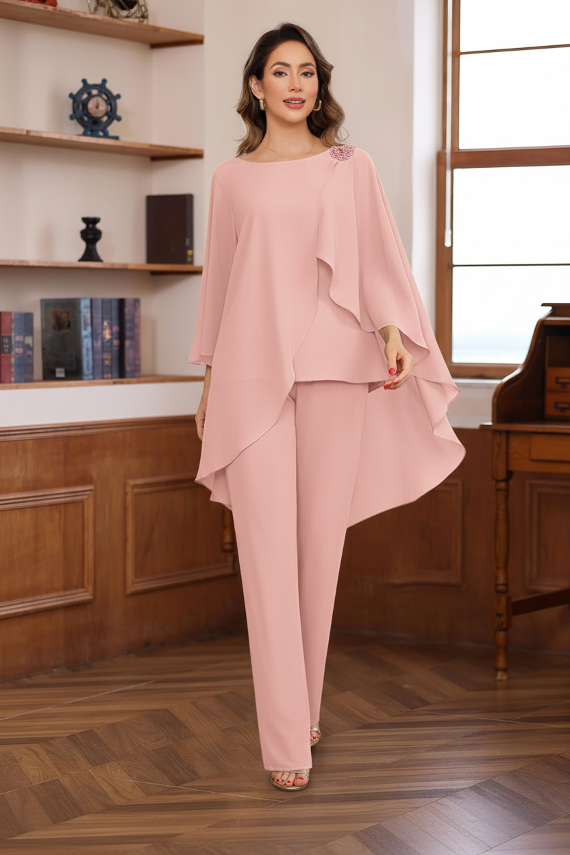 2 Pieces Chiffon Round Neck Floor-Length Mother of the Bride Pantsuits with Ruffles & Sequins & Beading