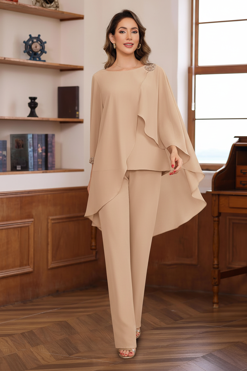 2 Pieces Chiffon Round Neck Floor-Length Mother of the Bride Pantsuits with Ruffles & Sequins & Beading