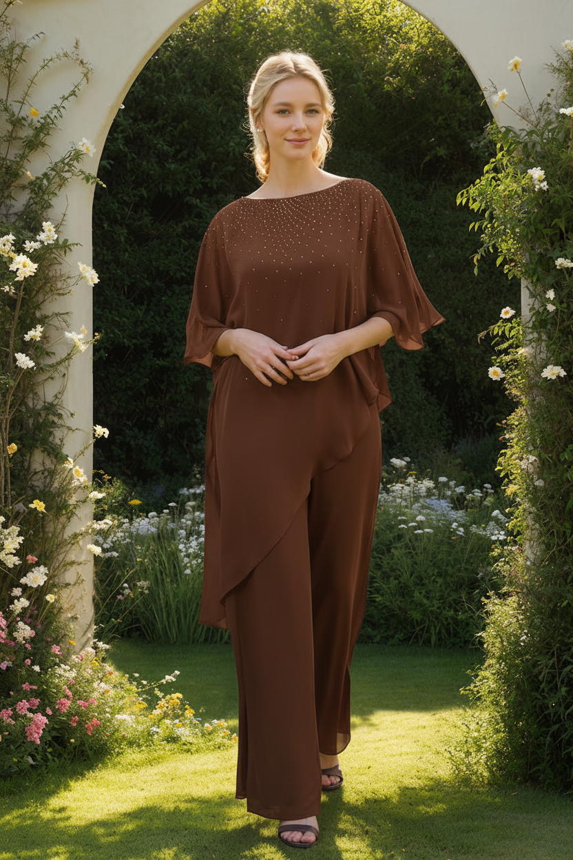2-Pieces Chiffon Scoop 3/4 Sleeves Mother of the Bride Pantsuits with Rhinestones