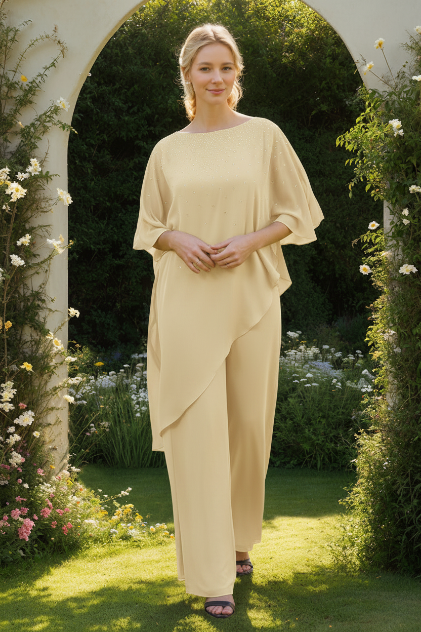 2-Pieces Chiffon Scoop 3/4 Sleeves Mother of the Bride Pantsuits with Rhinestones
