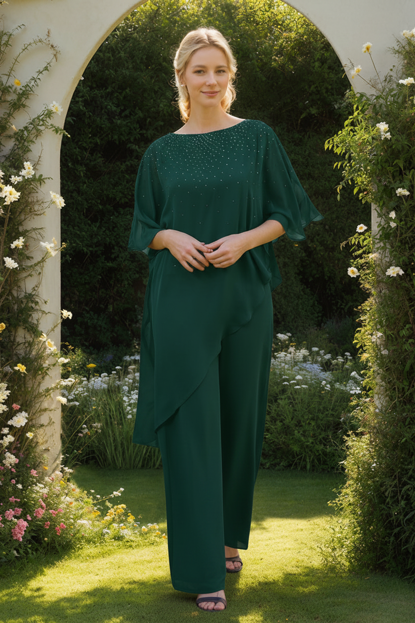 2-Pieces Chiffon Scoop 3/4 Sleeves Mother of the Bride Pantsuits with Rhinestones