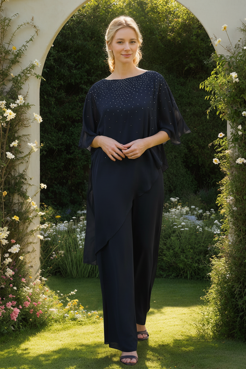 2-Pieces Chiffon Scoop 3/4 Sleeves Mother of the Bride Pantsuits with Rhinestones