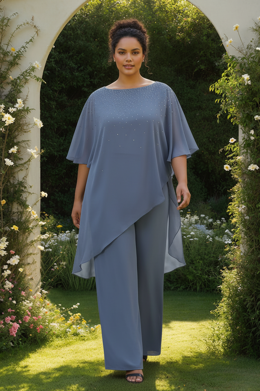 2-Pieces Chiffon Scoop 3/4 Sleeves Mother of the Bride Pantsuits with Rhinestones