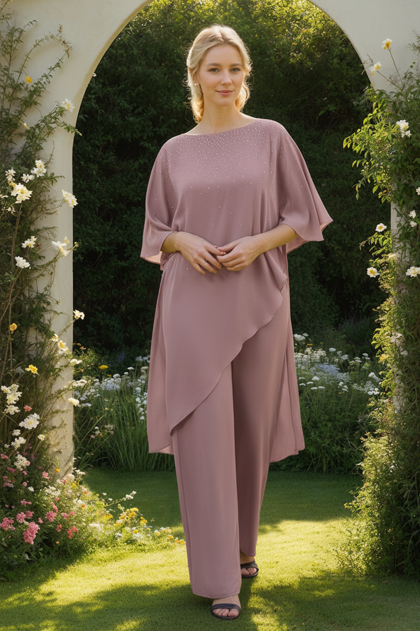 2-Pieces Chiffon Scoop 3/4 Sleeves Mother of the Bride Pantsuits with Rhinestones