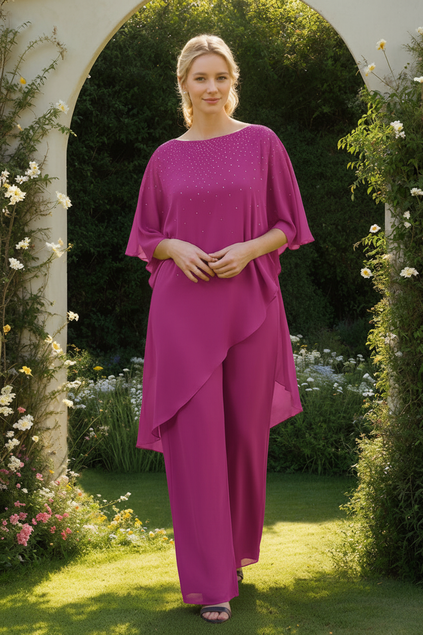 2-Pieces Chiffon Scoop 3/4 Sleeves Mother of the Bride Pantsuits with Rhinestones