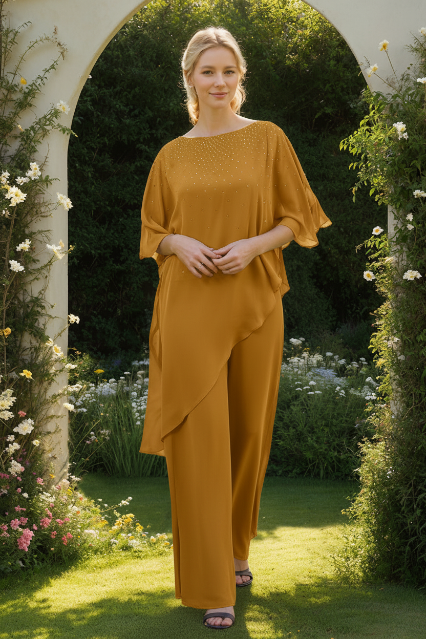 2-Pieces Chiffon Scoop 3/4 Sleeves Mother of the Bride Pantsuits with Rhinestones