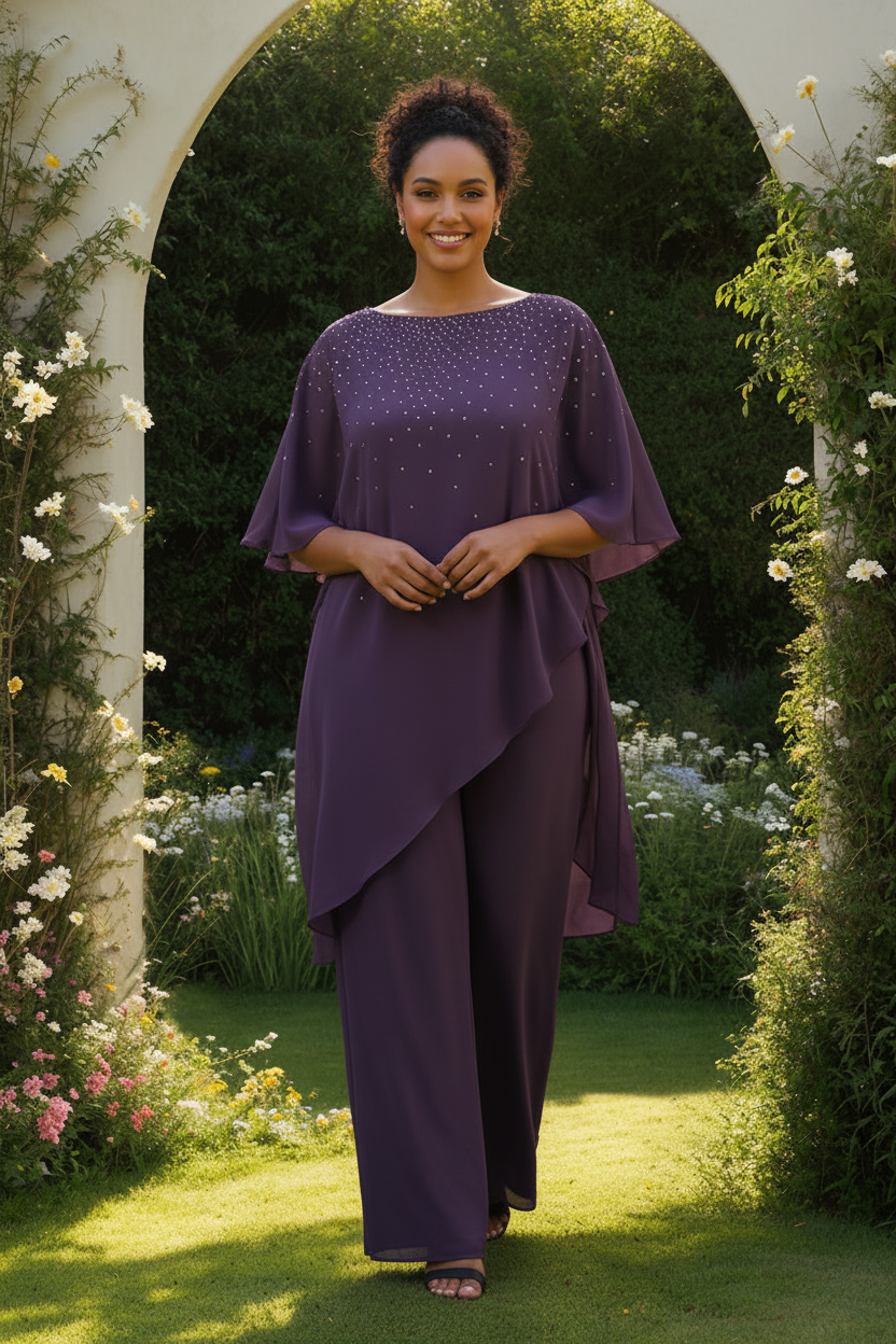 2-Pieces Chiffon Scoop 3/4 Sleeves Mother of the Bride Pantsuits with Rhinestones