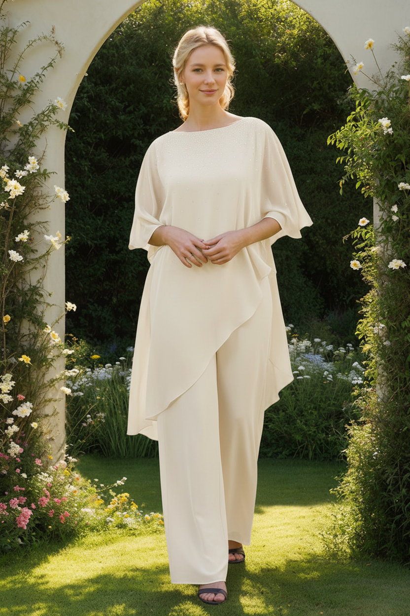 2-Pieces Chiffon Scoop 3/4 Sleeves Mother of the Bride Pantsuits with Rhinestones