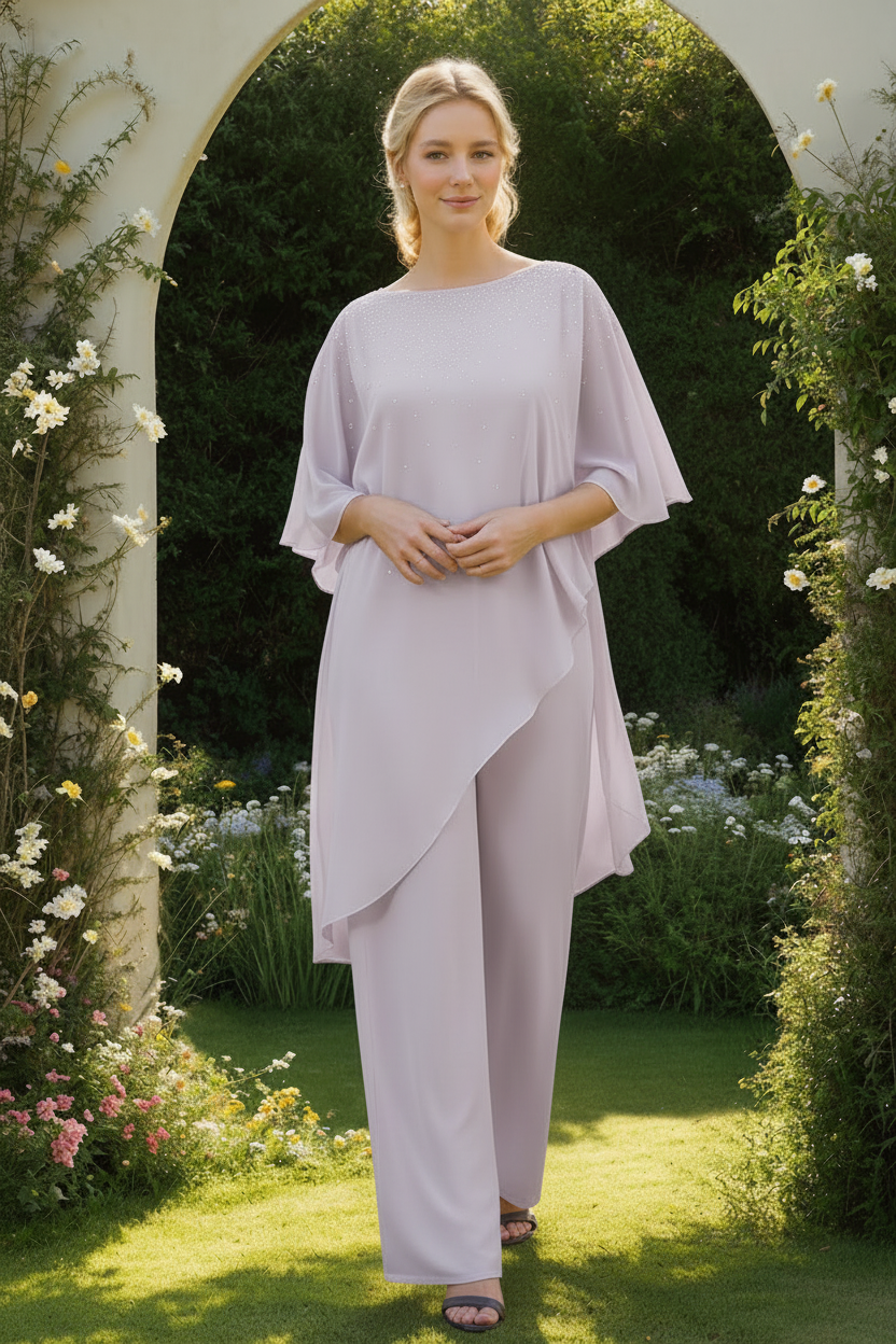 2-Pieces Chiffon Scoop 3/4 Sleeves Mother of the Bride Pantsuits with Rhinestones