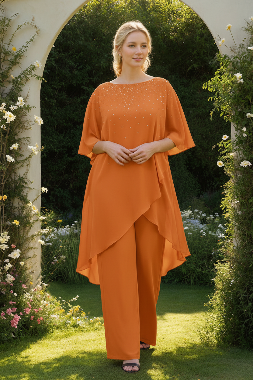 2-Pieces Chiffon Scoop 3/4 Sleeves Mother of the Bride Pantsuits with Rhinestones
