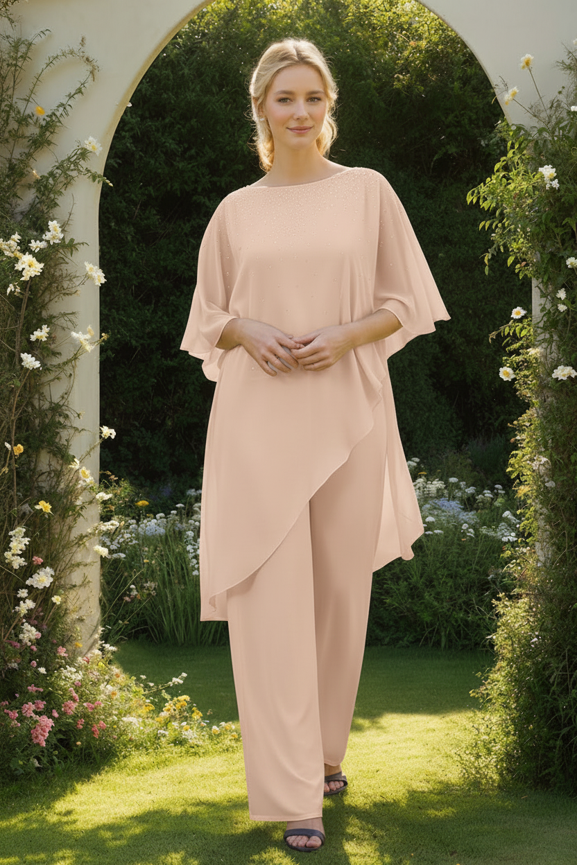 2-Pieces Chiffon Scoop 3/4 Sleeves Mother of the Bride Pantsuits with Rhinestones