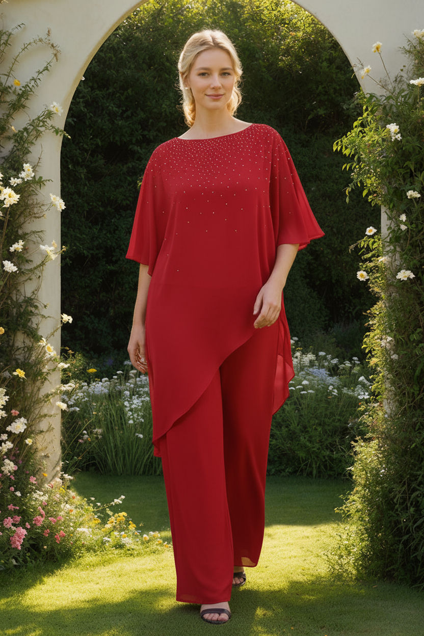 2-Pieces Chiffon Scoop 3/4 Sleeves Mother of the Bride Pantsuits with Rhinestones