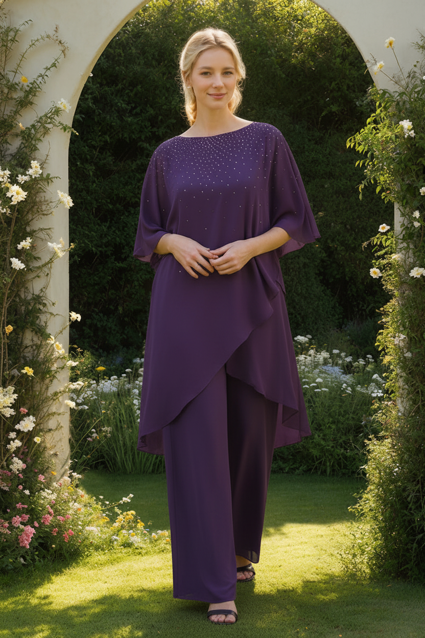 2-Pieces Chiffon Scoop 3/4 Sleeves Mother of the Bride Pantsuits with Rhinestones