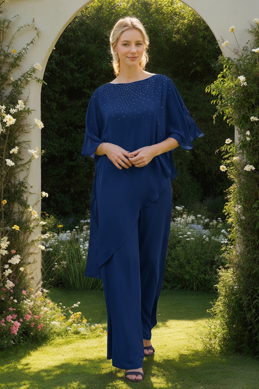 2-Pieces Chiffon Scoop 3/4 Sleeves Mother of the Bride Pantsuits with Rhinestones