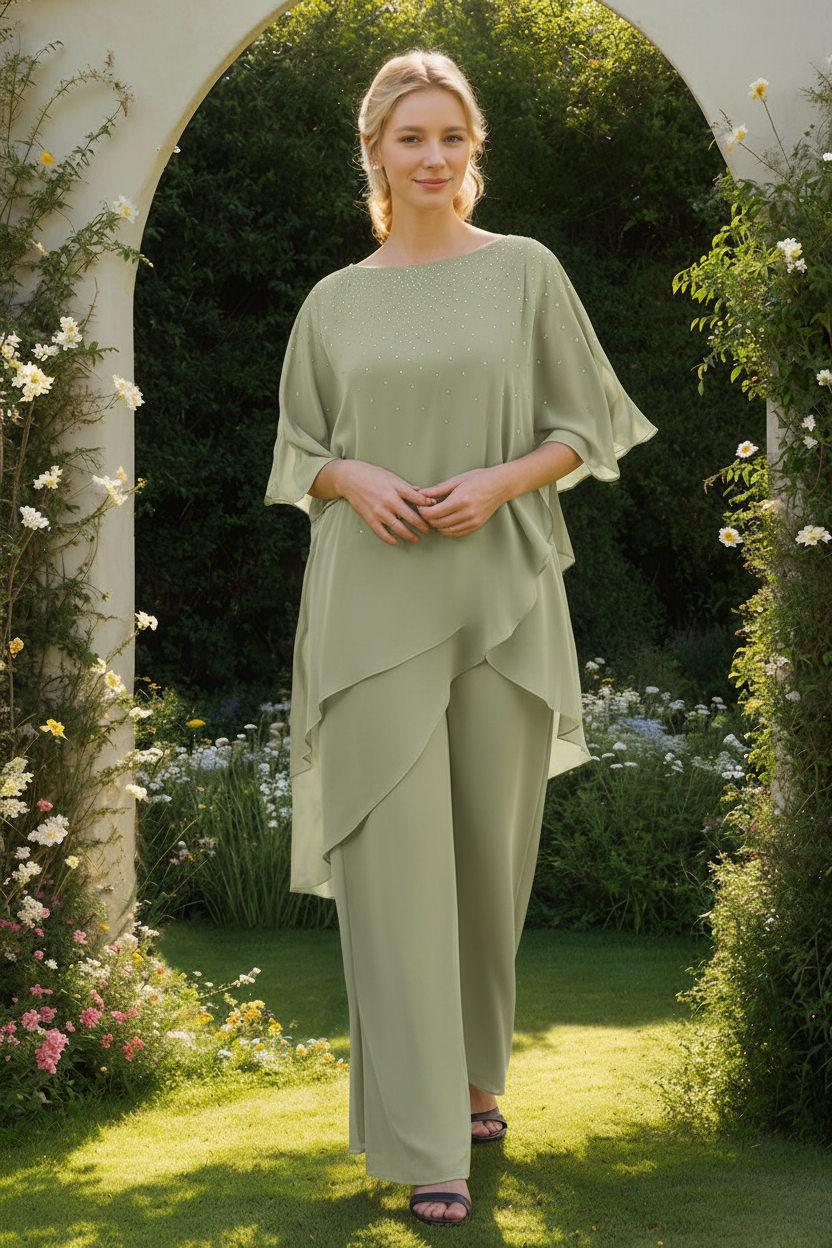2-Pieces Chiffon Scoop 3/4 Sleeves Mother of the Bride Pantsuits with Rhinestones