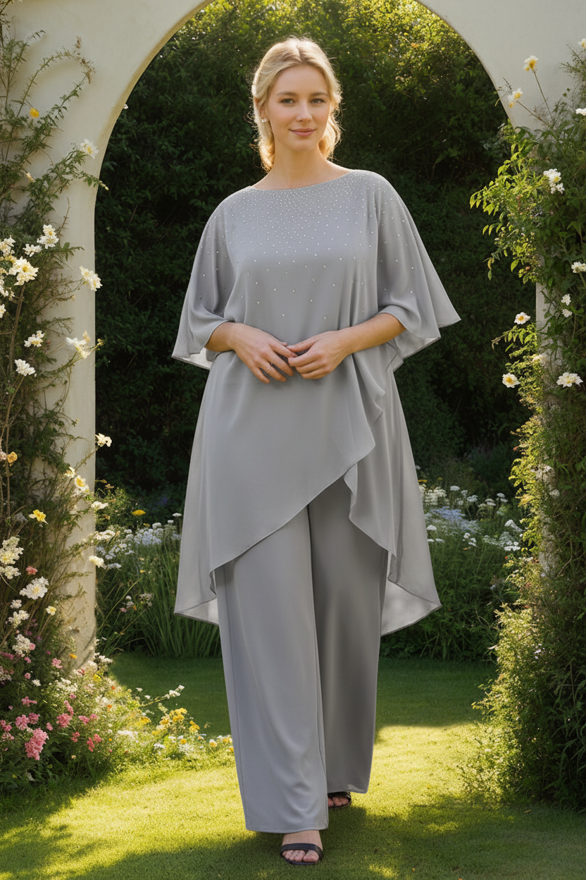 2-Pieces Chiffon Scoop 3/4 Sleeves Mother of the Bride Pantsuits with Rhinestones