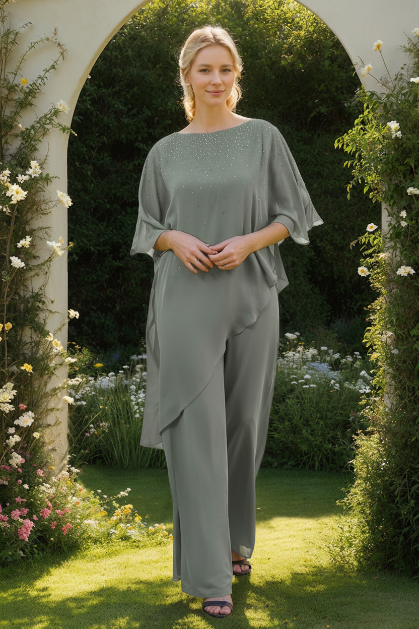 2-Pieces Chiffon Scoop 3/4 Sleeves Mother of the Bride Pantsuits with Rhinestones