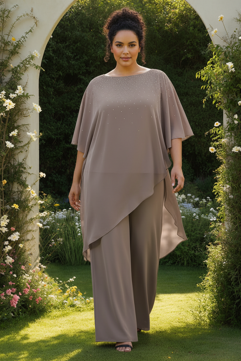 2-Pieces Chiffon Scoop 3/4 Sleeves Mother of the Bride Pantsuits with Rhinestones