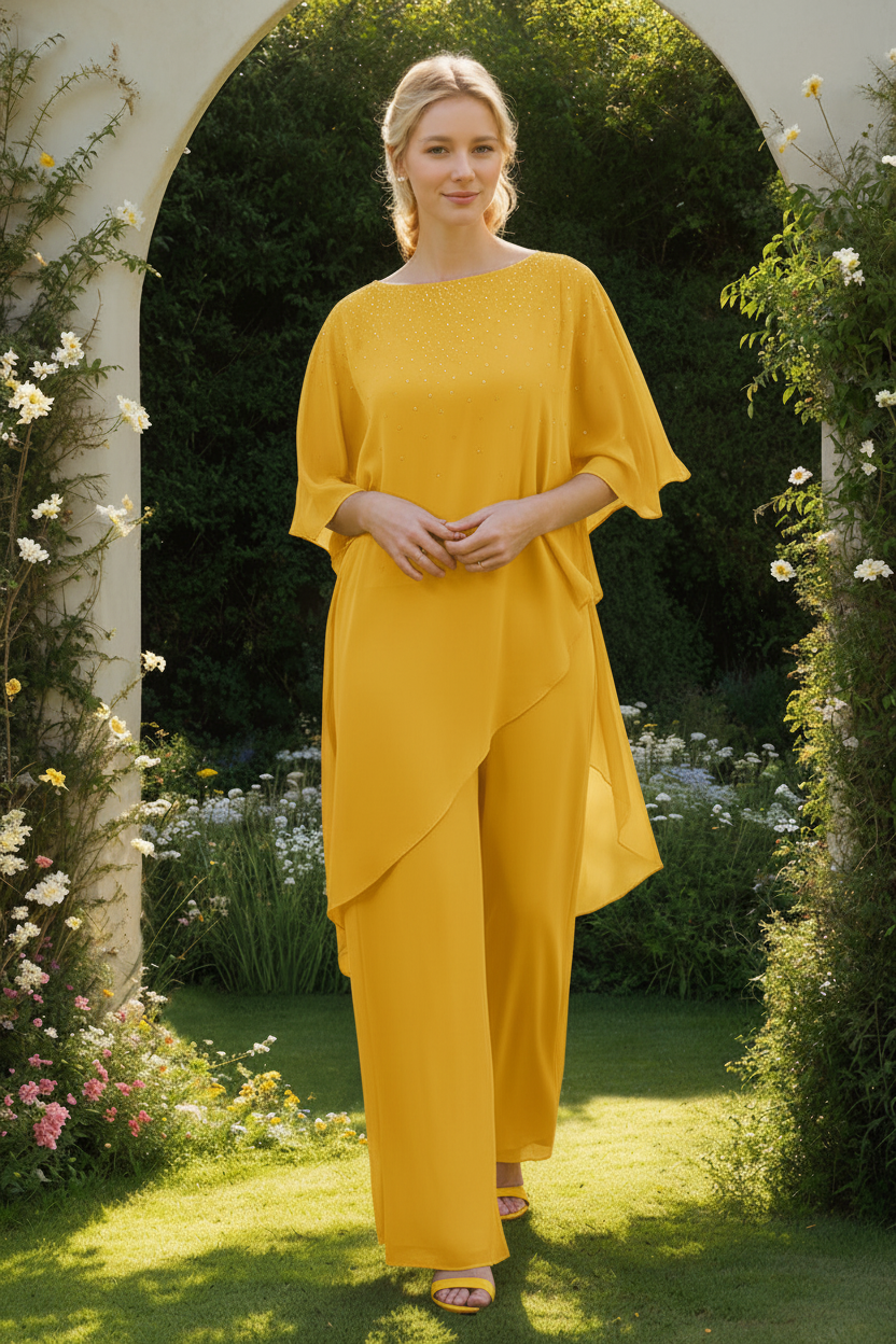 2-Pieces Chiffon Scoop 3/4 Sleeves Mother of the Bride Pantsuits with Rhinestones
