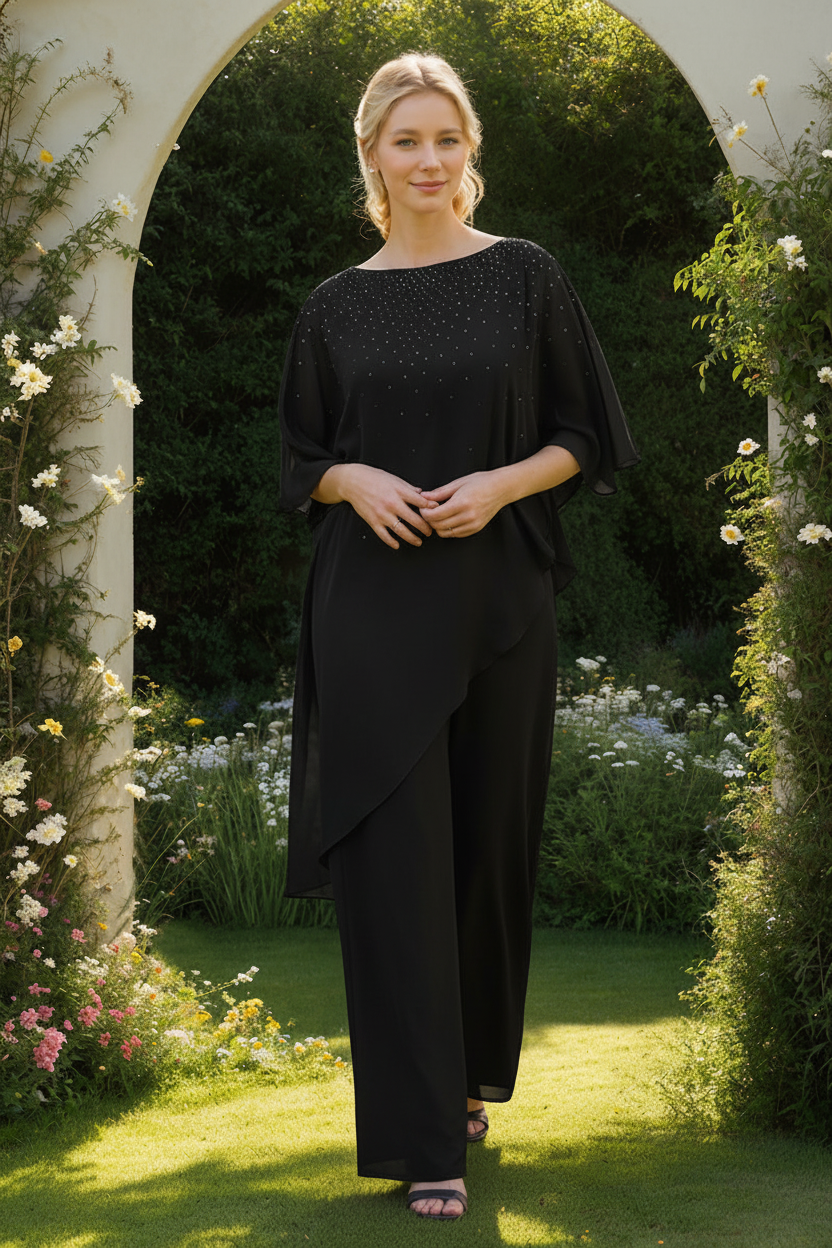 2-Pieces Chiffon Scoop 3/4 Sleeves Mother of the Bride Pantsuits with Rhinestones