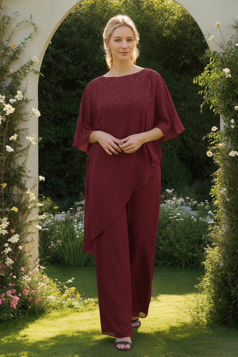 2-Pieces Chiffon Scoop 3/4 Sleeves Mother of the Bride Pantsuits with Rhinestones