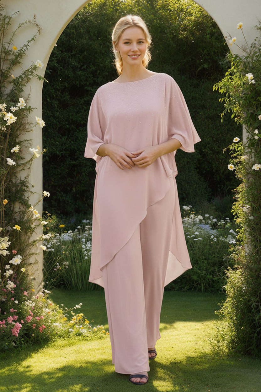 2-Pieces Chiffon Scoop 3/4 Sleeves Mother of the Bride Pantsuits with Rhinestones
