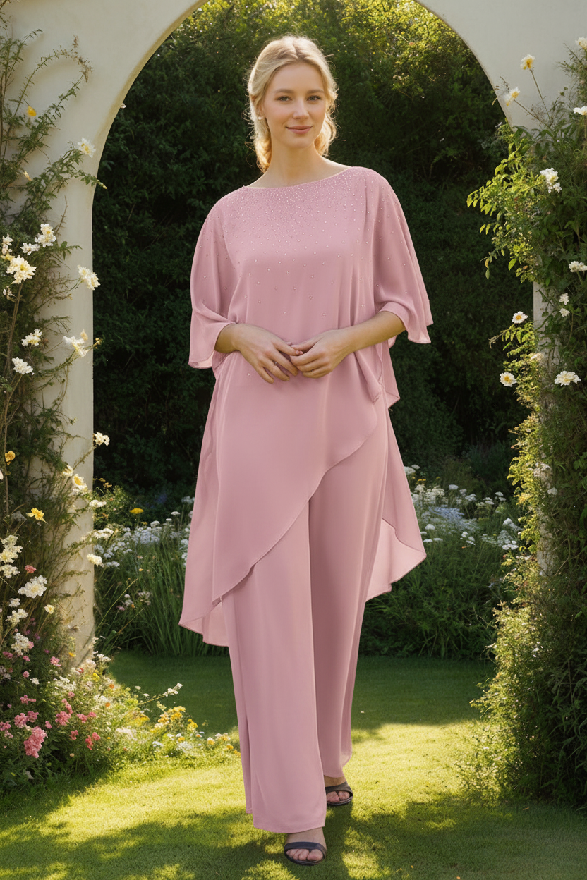 2-Pieces Chiffon Scoop 3/4 Sleeves Mother of the Bride Pantsuits with Rhinestones