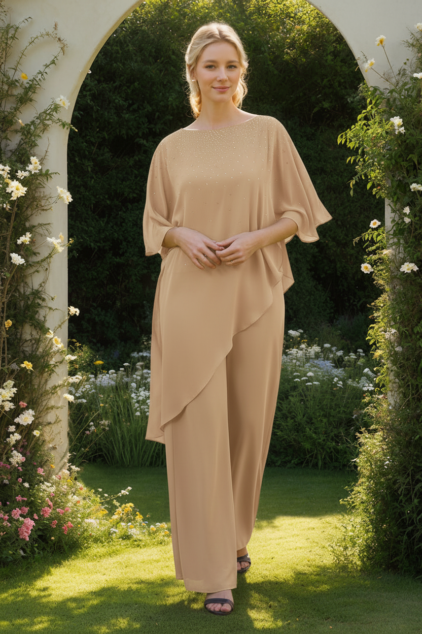 2-Pieces Chiffon Scoop 3/4 Sleeves Mother of the Bride Pantsuits with Rhinestones