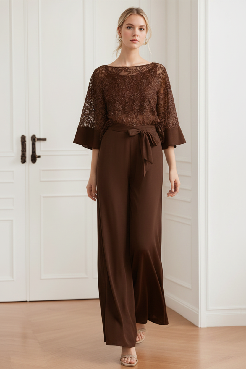 2-Pieces Chiffon Scoop Mother of the Bride Pantsuits with Lace Appliques & Sequins