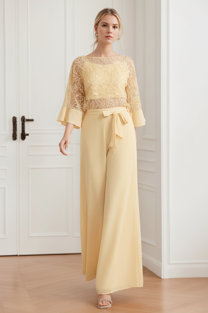 2-Pieces Chiffon Scoop Mother of the Bride Pantsuits with Lace Appliques & Sequins