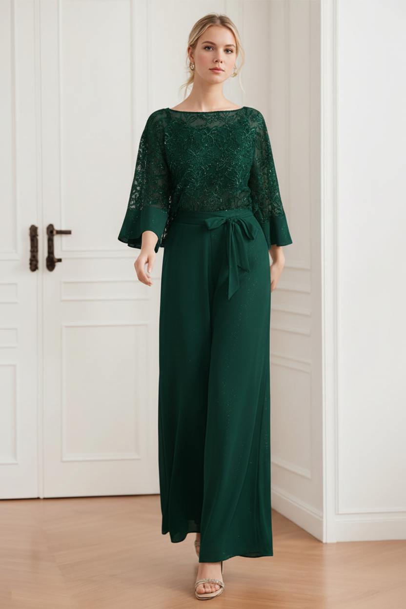 2-Pieces Chiffon Scoop Mother of the Bride Pantsuits with Lace Appliques & Sequins