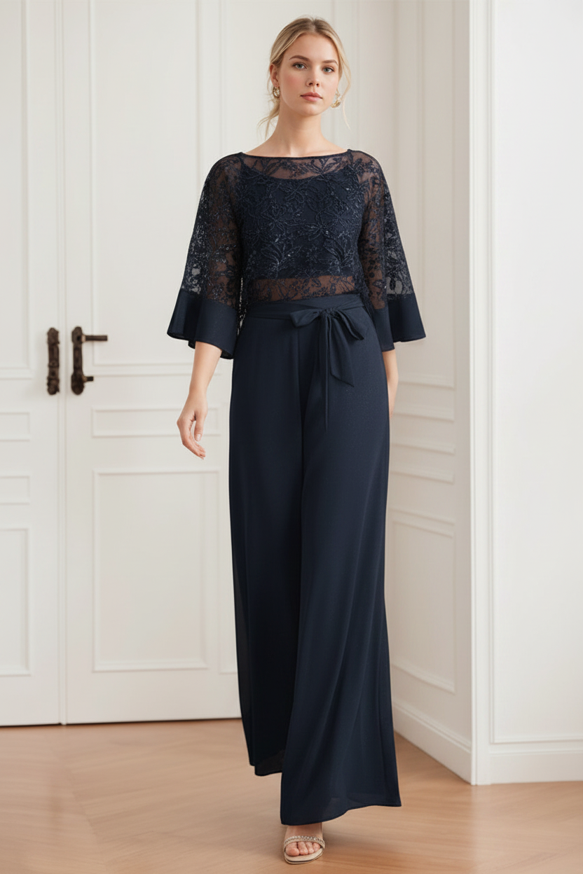 2-Pieces Chiffon Scoop Mother of the Bride Pantsuits with Lace Appliques & Sequins