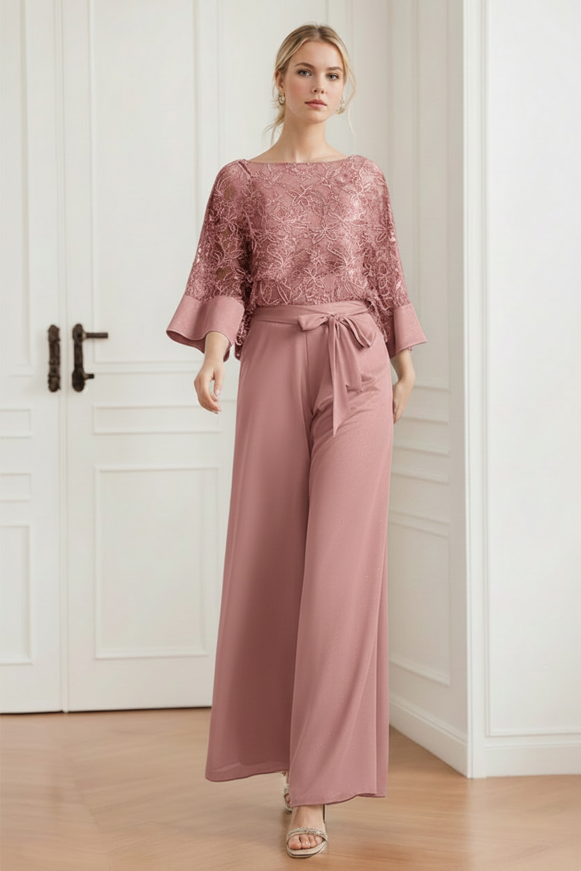 2-Pieces Chiffon Scoop Mother of the Bride Pantsuits with Lace Appliques & Sequins