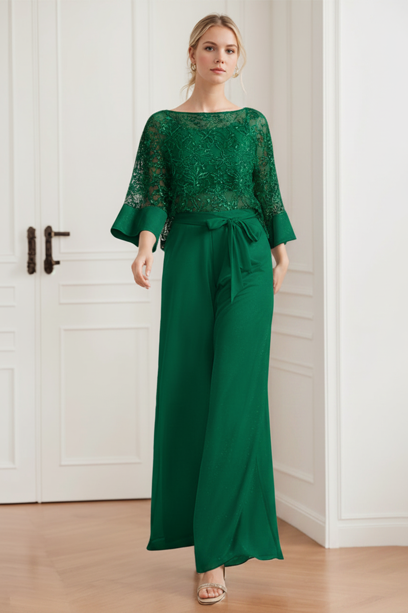 2-Pieces Chiffon Scoop Mother of the Bride Pantsuits with Lace Appliques & Sequins