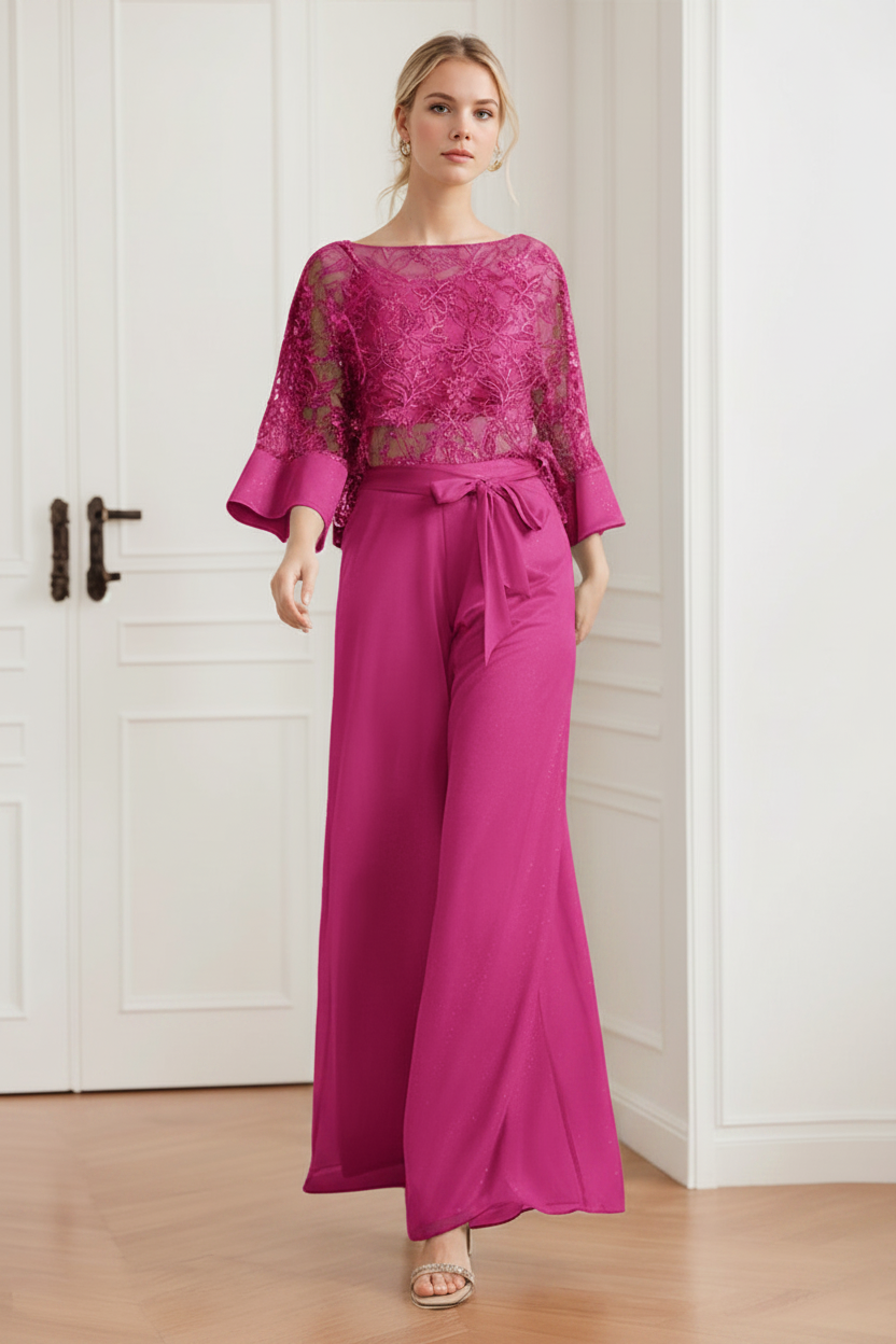 2-Pieces Chiffon Scoop Mother of the Bride Pantsuits with Lace Appliques & Sequins
