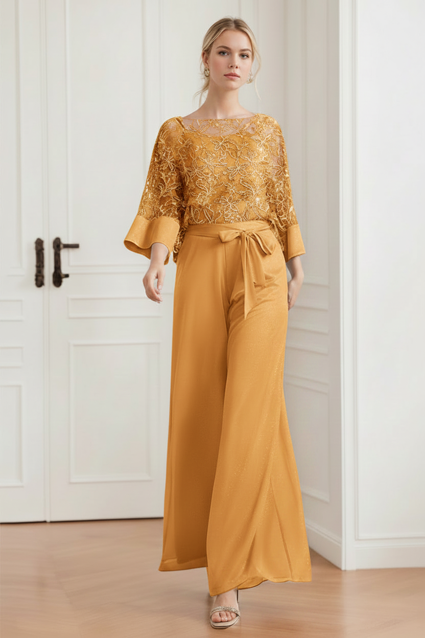 2-Pieces Chiffon Scoop Mother of the Bride Pantsuits with Lace Appliques & Sequins