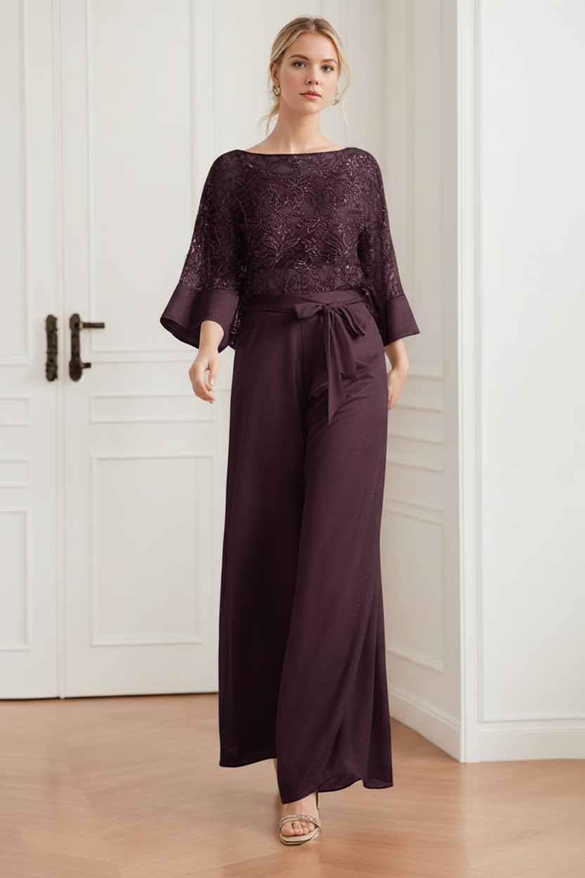 2-Pieces Chiffon Scoop Mother of the Bride Pantsuits with Lace Appliques & Sequins