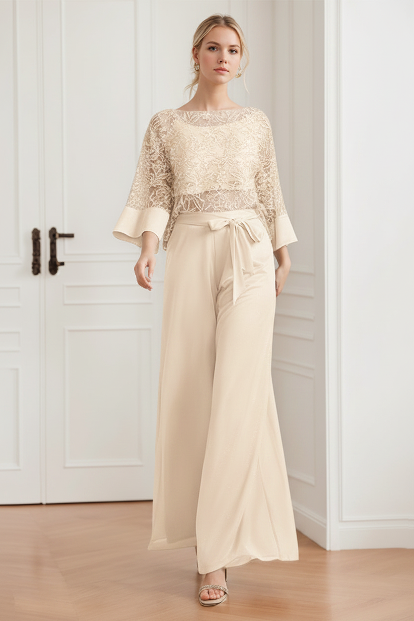 2-Pieces Chiffon Scoop Mother of the Bride Pantsuits with Lace Appliques & Sequins