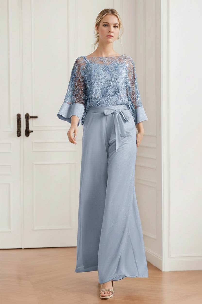 2-Pieces Chiffon Scoop Mother of the Bride Pantsuits with Lace Appliques & Sequins