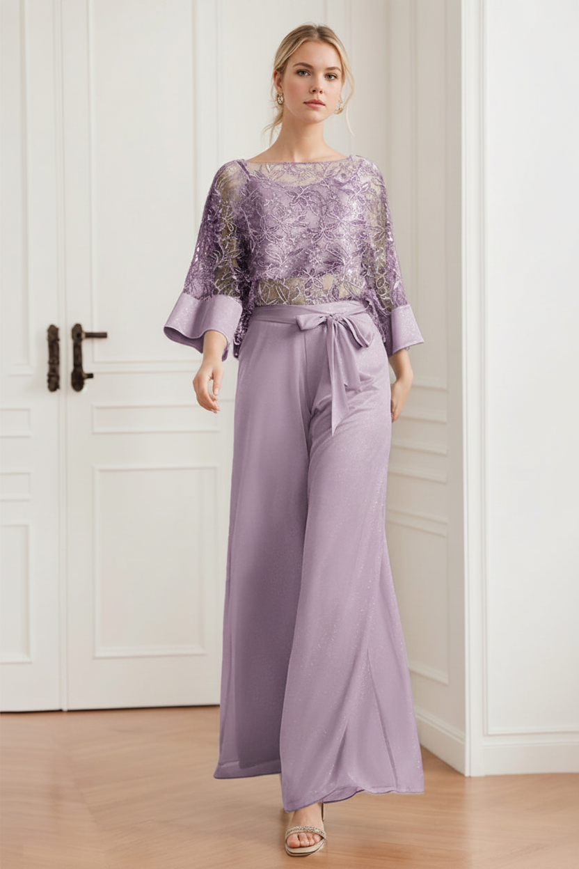2-Pieces Chiffon Scoop Mother of the Bride Pantsuits with Lace Appliques & Sequins