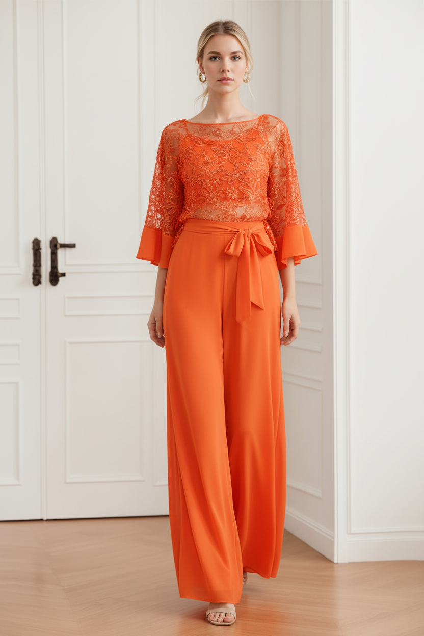 2-Pieces Chiffon Scoop Mother of the Bride Pantsuits with Lace Appliques & Sequins