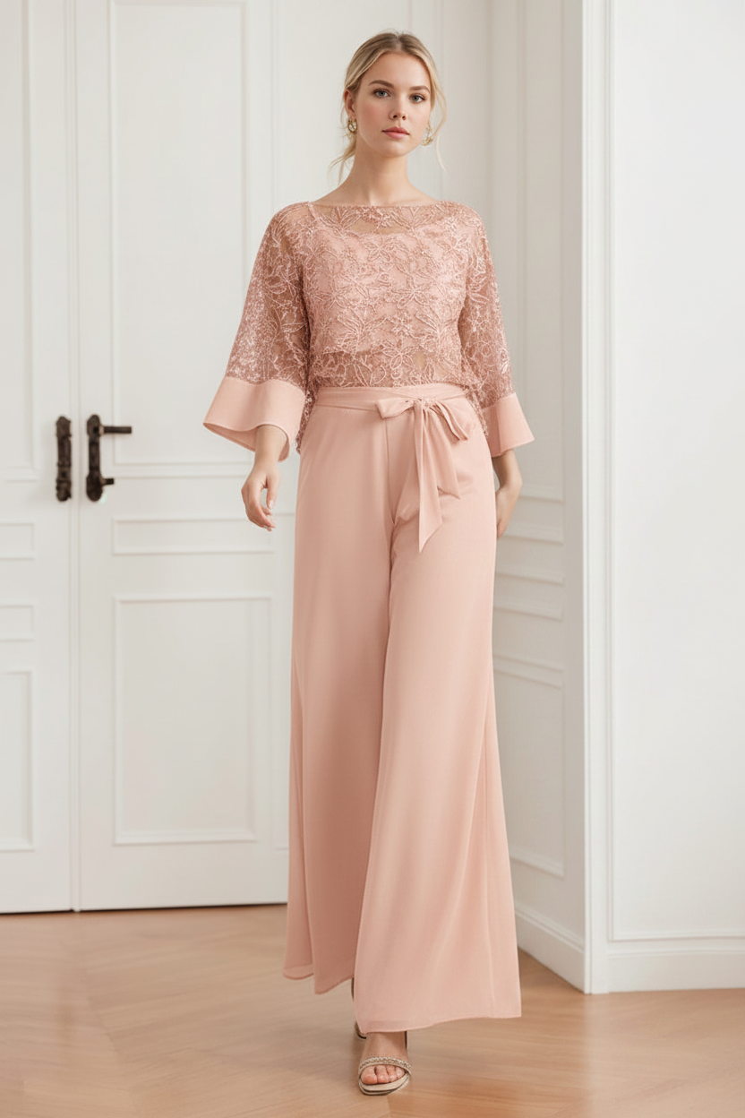 2-Pieces Chiffon Scoop Mother of the Bride Pantsuits with Lace Appliques & Sequins