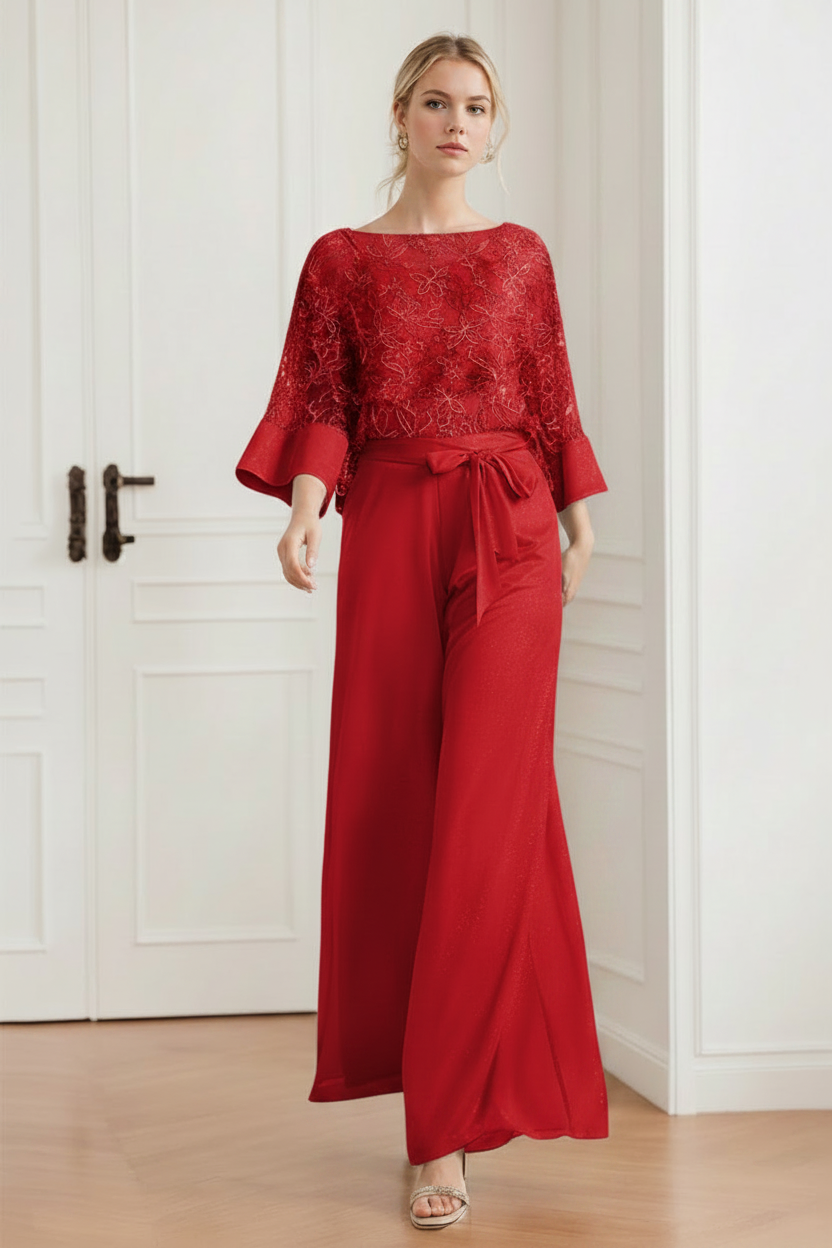 2-Pieces Chiffon Scoop Mother of the Bride Pantsuits with Lace Appliques & Sequins