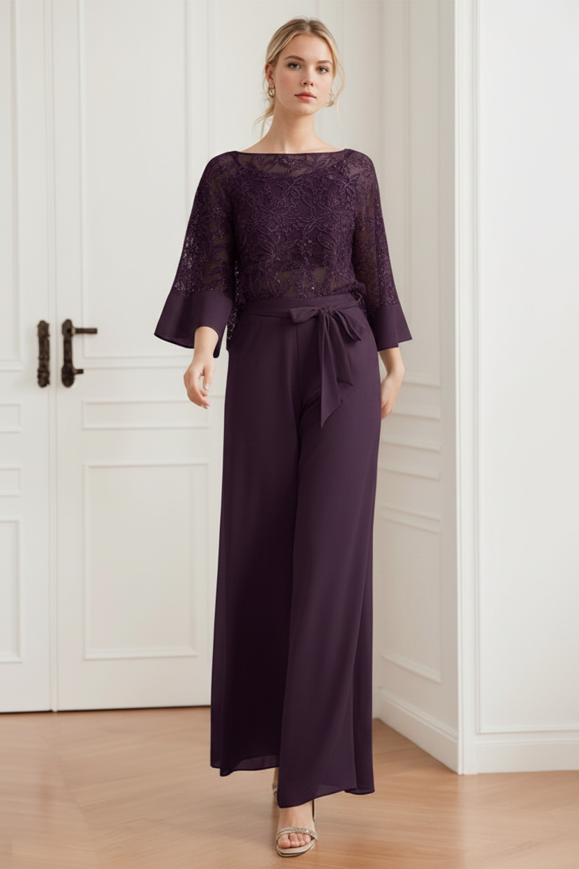 2-Pieces Chiffon Scoop Mother of the Bride Pantsuits with Lace Appliques & Sequins