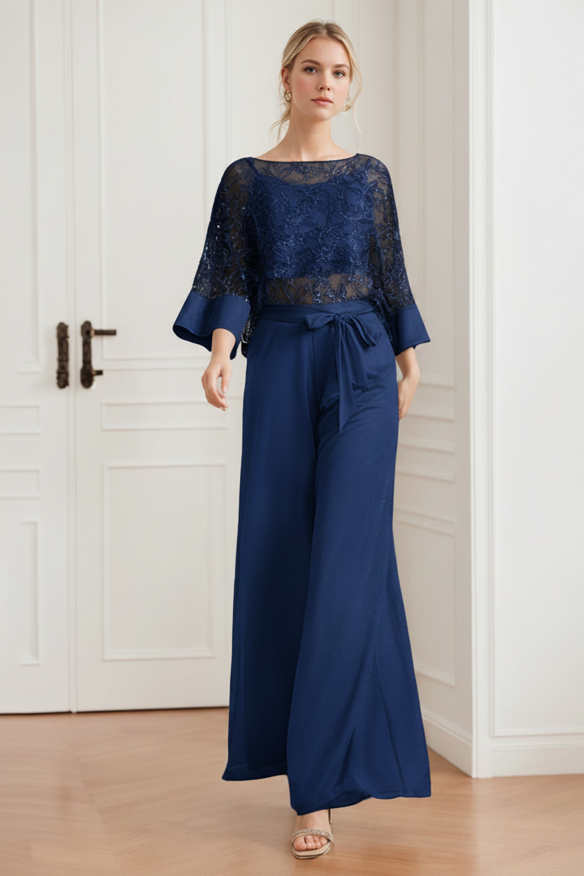 2-Pieces Chiffon Scoop Mother of the Bride Pantsuits with Lace Appliques & Sequins