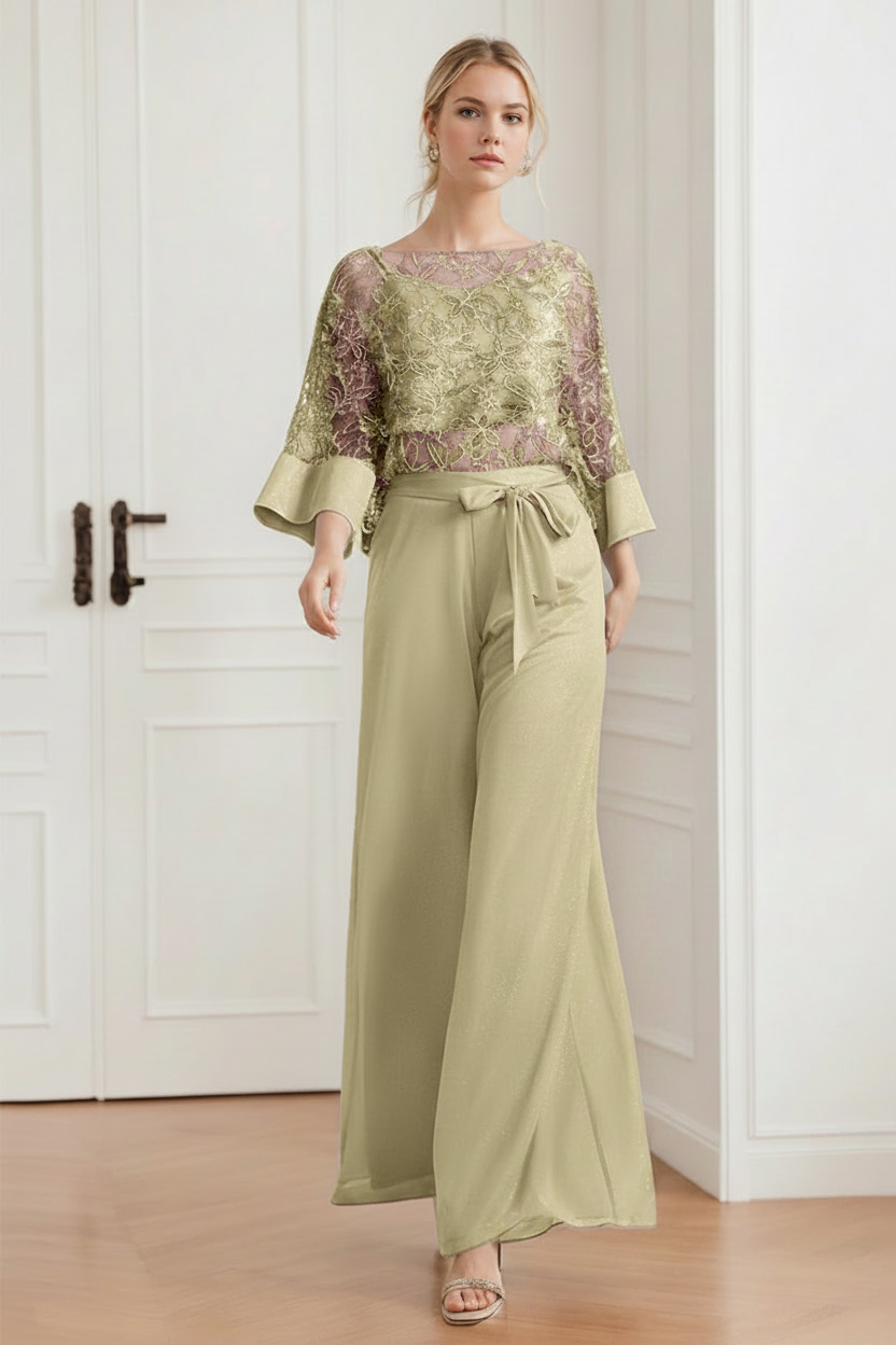2-Pieces Chiffon Scoop Mother of the Bride Pantsuits with Lace Appliques & Sequins