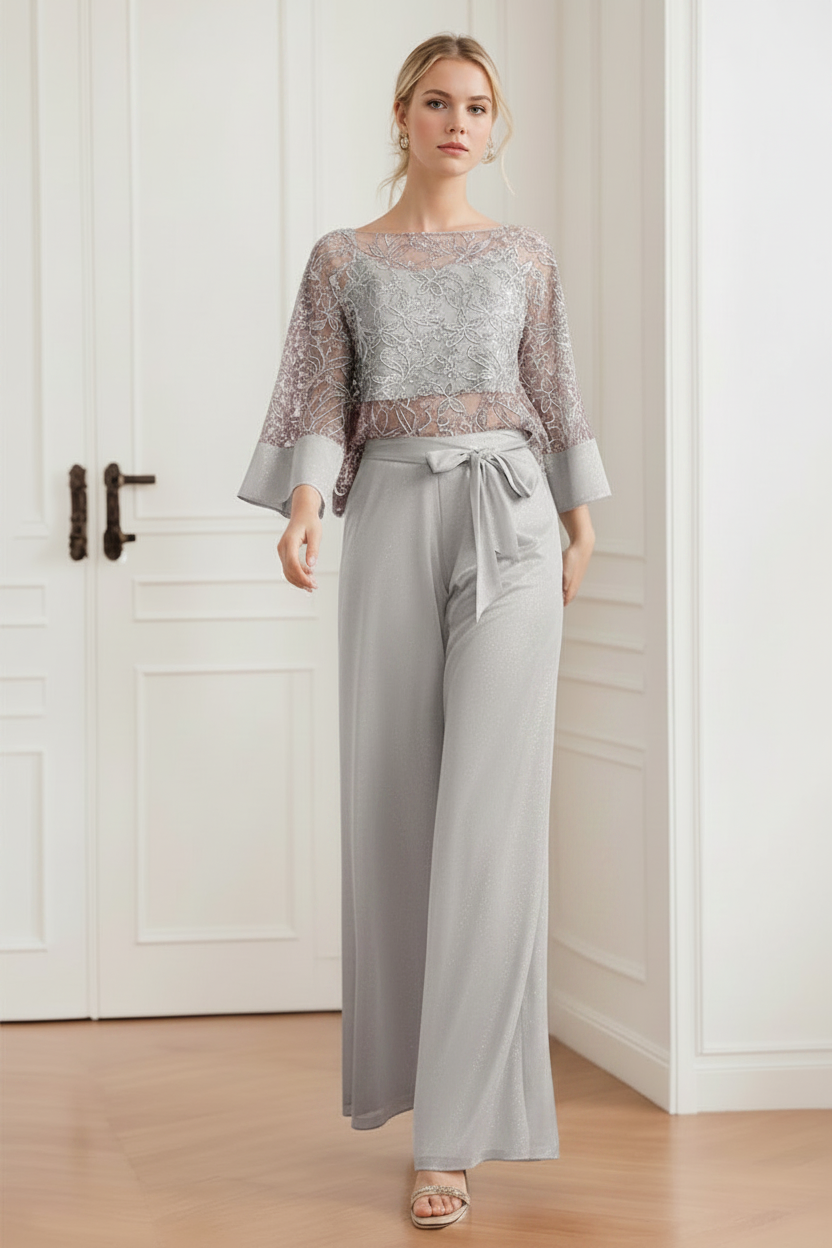 2-Pieces Chiffon Scoop Mother of the Bride Pantsuits with Lace Appliques & Sequins