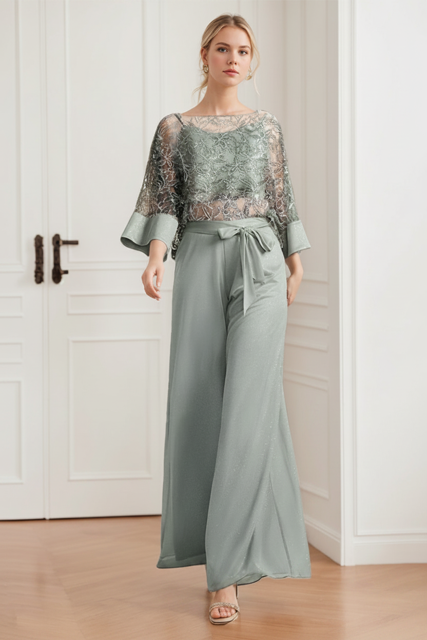 2-Pieces Chiffon Scoop Mother of the Bride Pantsuits with Lace Appliques & Sequins