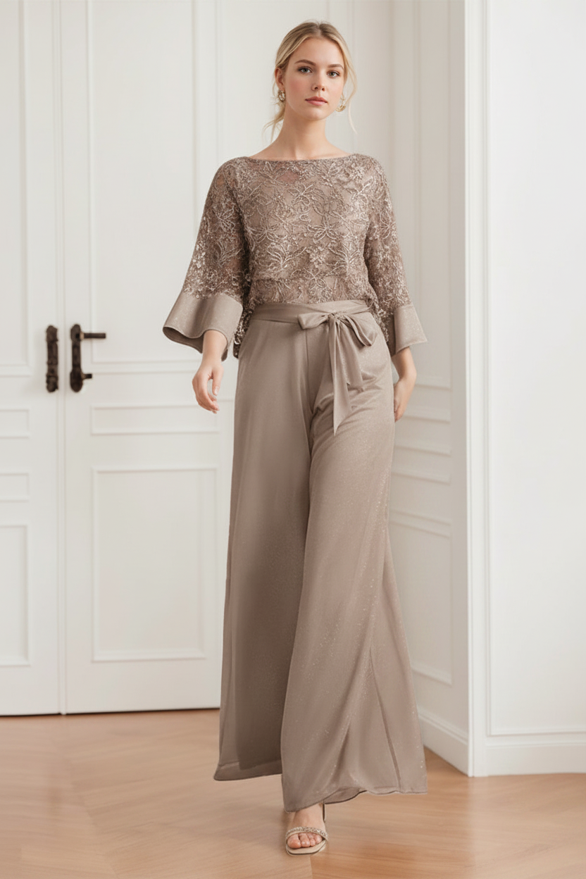 2-Pieces Chiffon Scoop Mother of the Bride Pantsuits with Lace Appliques & Sequins